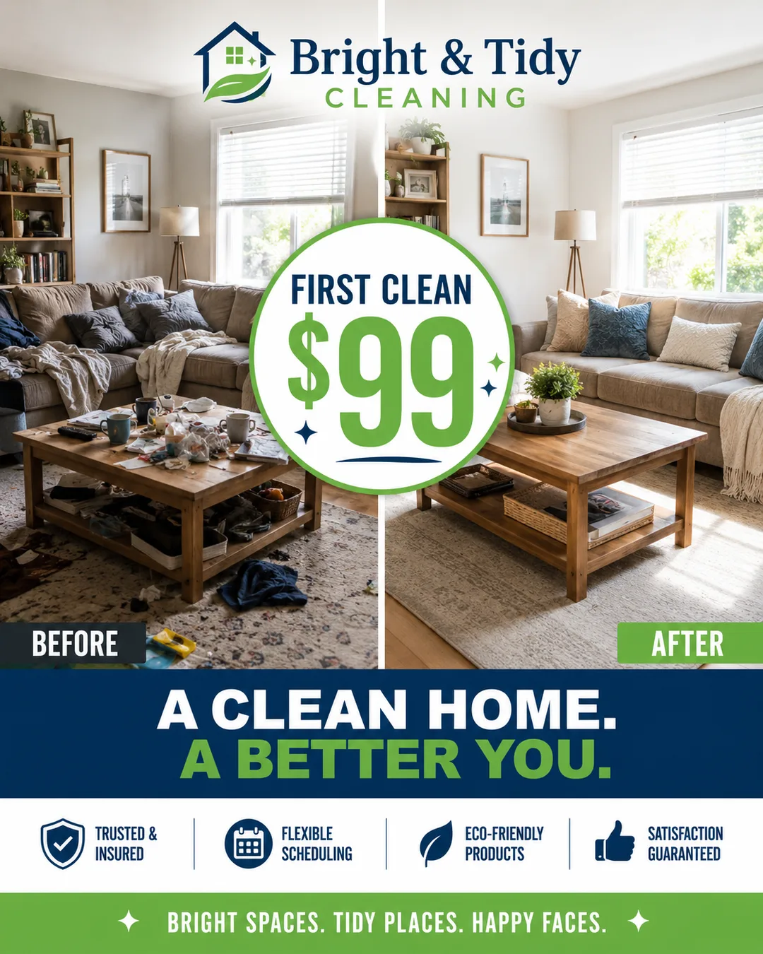 Revexly-generated house cleaning ad: before-and-after of a cleaned room, first clean $99